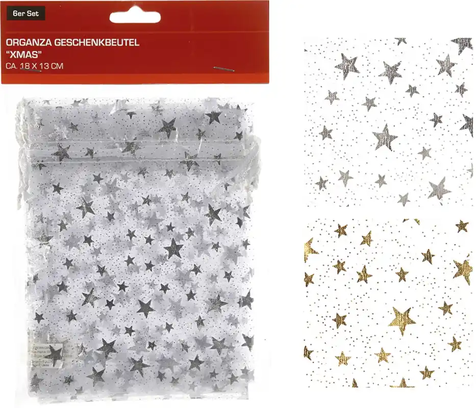 Neue Kollektion Geschenkbeutel Organza Sterne silber und gold