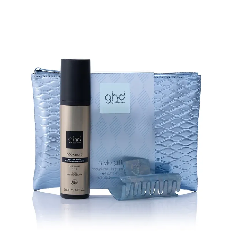 ghd iced Luxe Style Set - bodyguard 120ml + Tasche + Haarklammer Markenprodukt