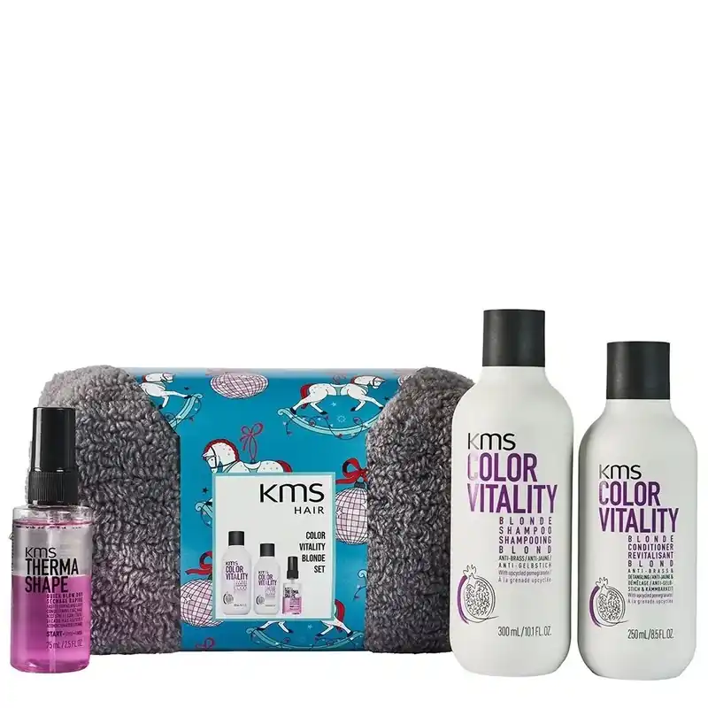 Beliebt KMS Colorvitality Blonde Geschenkset - Shampoo 300 ml + Conditioner 250 ml + Quick Blow Dry 75 ml + Kosmetiktasche