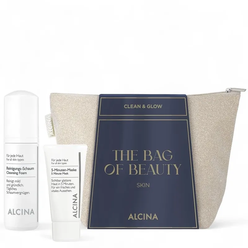 Alcina Geschenkset Clean & Glow – Reinigungsschaum 150 ml + 5-Minuten-Maske 50 ml + Tasche Finale Aktion