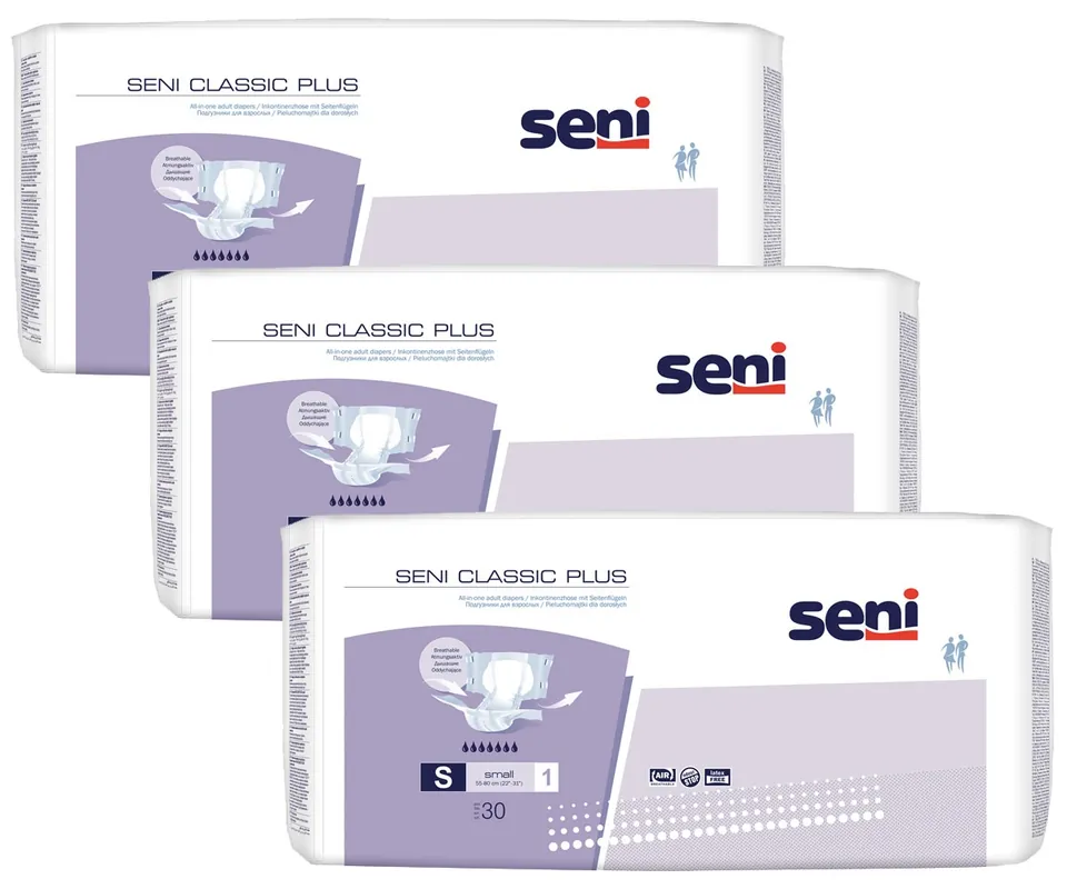 SENI CLASSIC PLUS Gr. 1 Small - Windelhosen für die Nacht, 3x30 (90) Stück Markenprodukt
