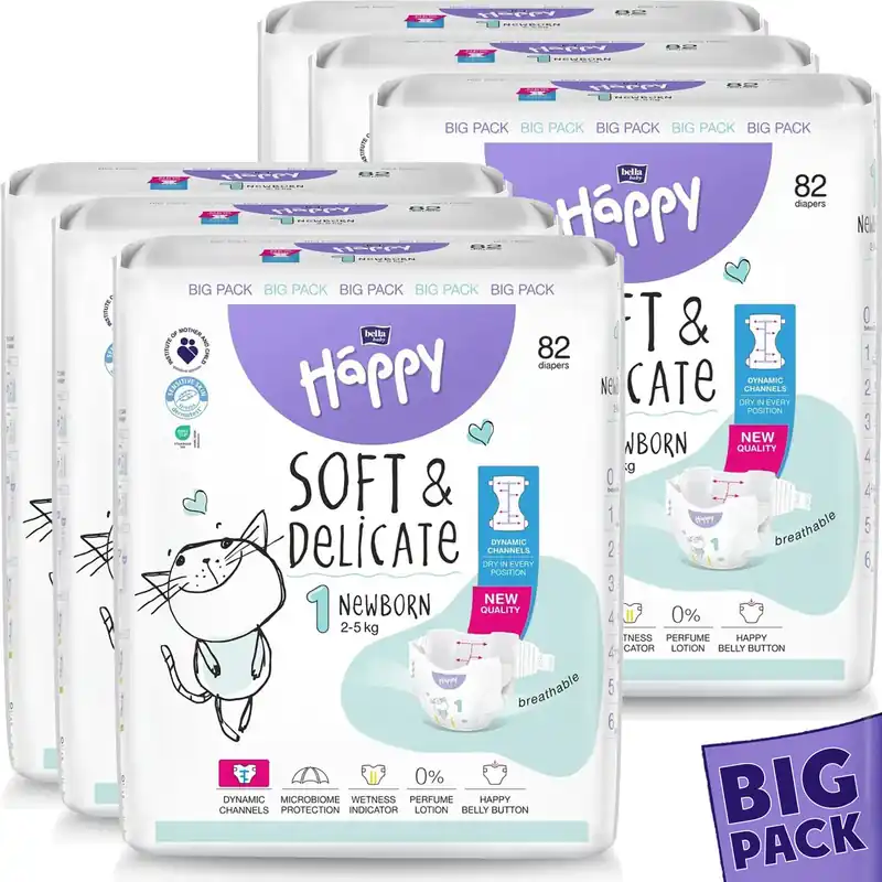 Bella Happy Soft & Delikate Gr. 1 - Babywindeln Newborn 2-5 kg 492 (6x82) Stück BIGpack Sichere Zahlung