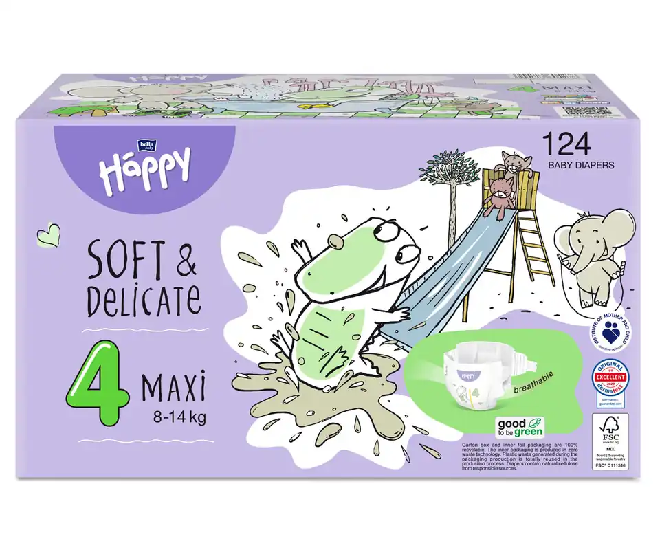 Bella Happy Soft & Delicate Windel BOX - MAXI Gr. 4 (8-14kg) - 124 Stück Garantierte Lieferung