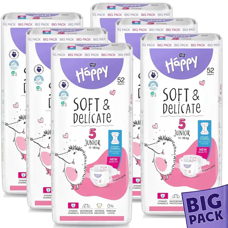 Garantierte Lieferung Bella Happy Soft & Delikate Gr. 5 - Kinderwindeln Junior 11-18 kg 312 (6x52) Stück BIGpack