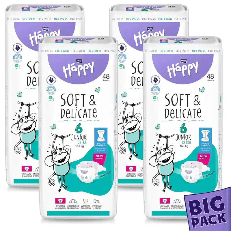 Bella Happy Soft & Delikate Gr. 6 - Kinderwindeln Junior EXTRA 15+ kg 192 (4x48) Stück BIGpack Schneller Versand