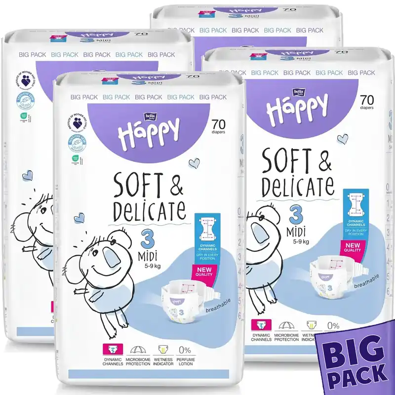 Direktkauf Bella Happy Soft & Delikate Gr. 3 - Babywindeln Midi 5-9 kg 280 (4x70) Stück BIGpack