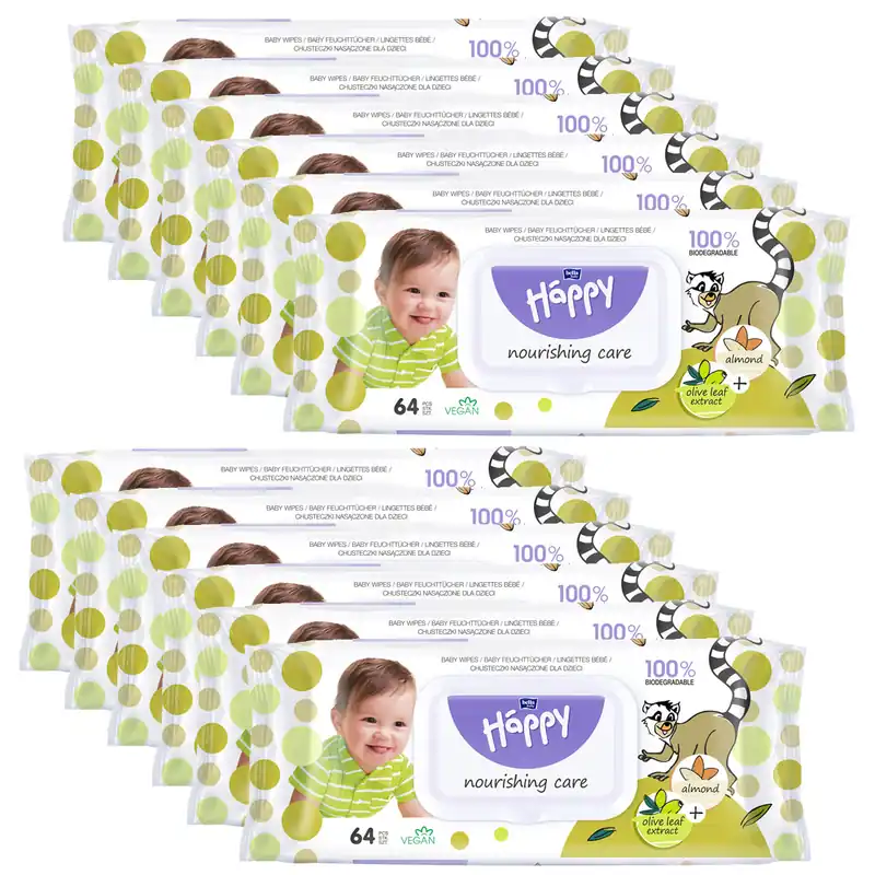 Super-Preis Sparpack - Bella Happy Feuchttücher - Mandel & Olive mit Klickverschluss Karton (12x64 Stück)